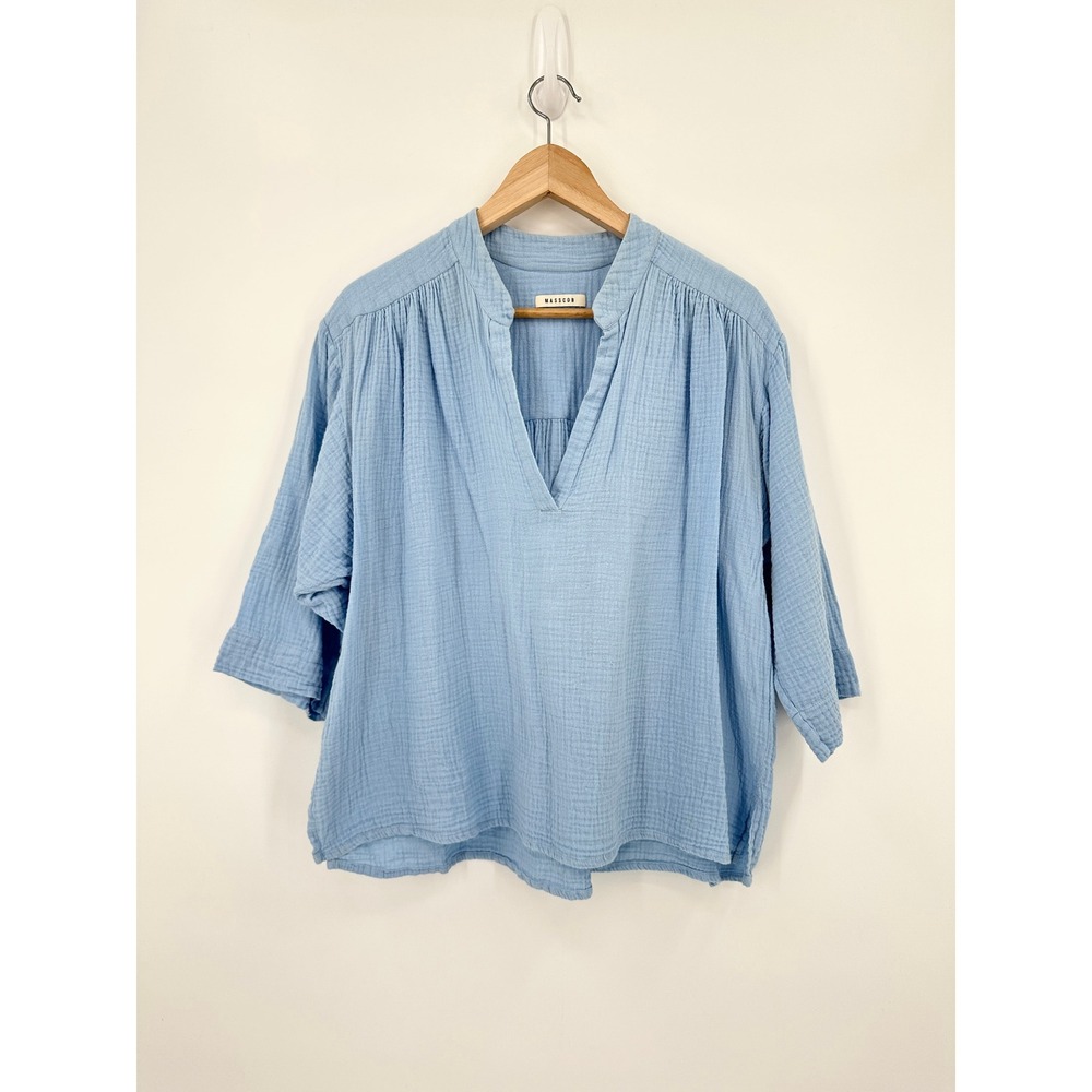 Masscob Blue Cotton Gauze Blouse Split V-Neck Oversized Top Small Made in Spain